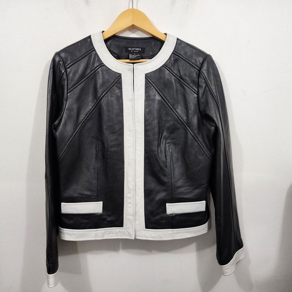 Clothes by Revue Black Lamb Leather Jacket White Trim Collarless Pockets Size 12